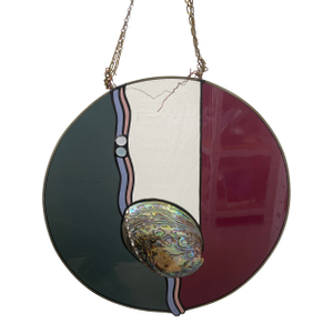 Vintage Signed Stained Glass Round Panel With Abalone Shell, Hanging Wall Art Suncatcher