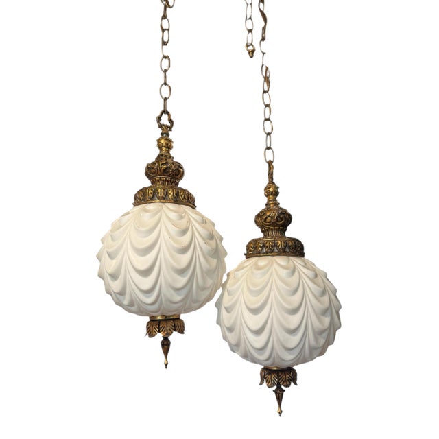 1960’s Hollywood Regency, Milk Glass, Swag Lamps - a Pair For Sale