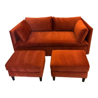 Velvet Loveseat Sofa & Matching Ottomans For Sale