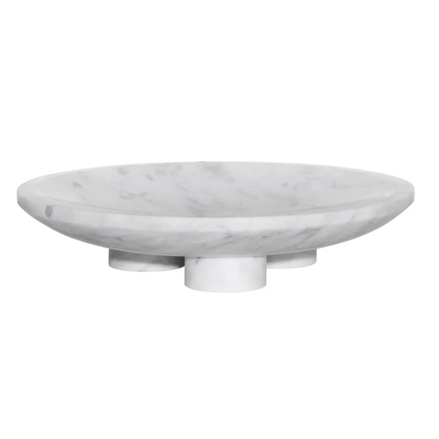Contemporary Modern Minimalist Low White Marble Plate Bowl For Sale - Image 3 of 8