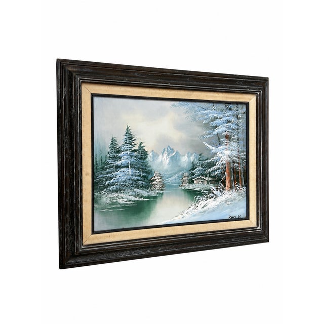 Cabin Signed Winter Mountain Lake and Cabin Painting in Dark Wood Frame For Sale - Image 3 of 7
