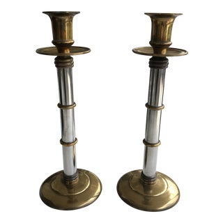 Maitland Smith Brass and Chrome Bamboo Style Tall Candlesticks-A Pair For Sale