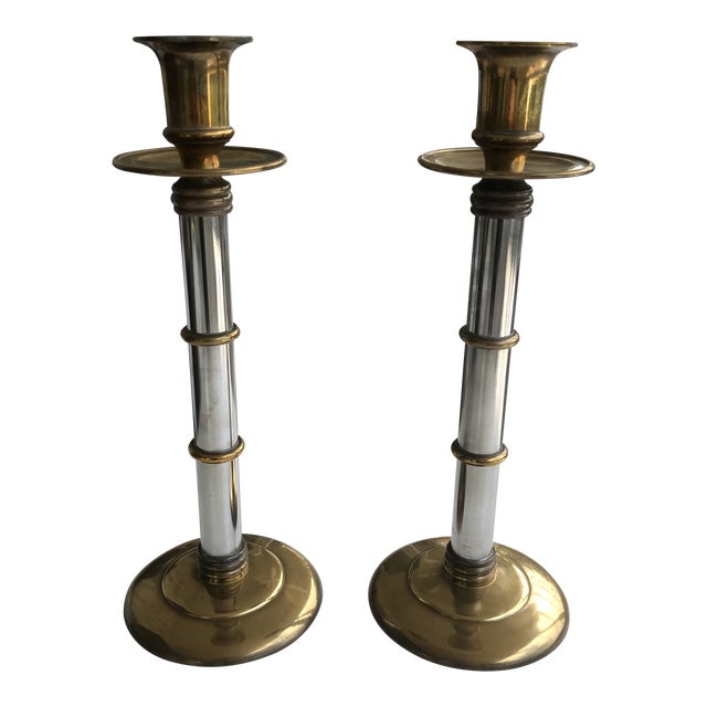 Maitland Smith Brass and Chrome Bamboo Style Tall Candlesticks-A Pair For Sale
