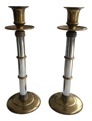 Maitland Smith Brass and Chrome Bamboo Style Tall Candlesticks-A Pair