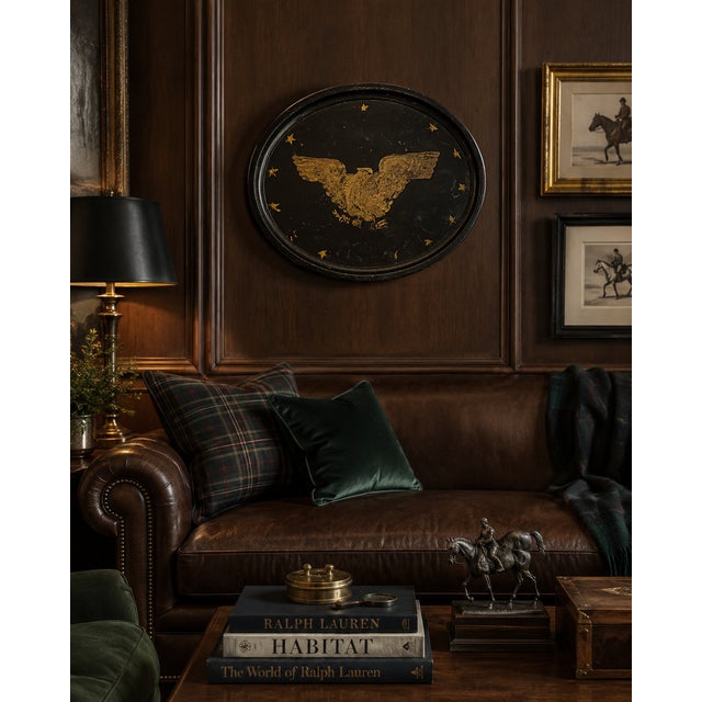 Antique American Black & Gold Tole Tray With Federal Eagle Motif, Early 20th Century For Sale - Image 11 of 11