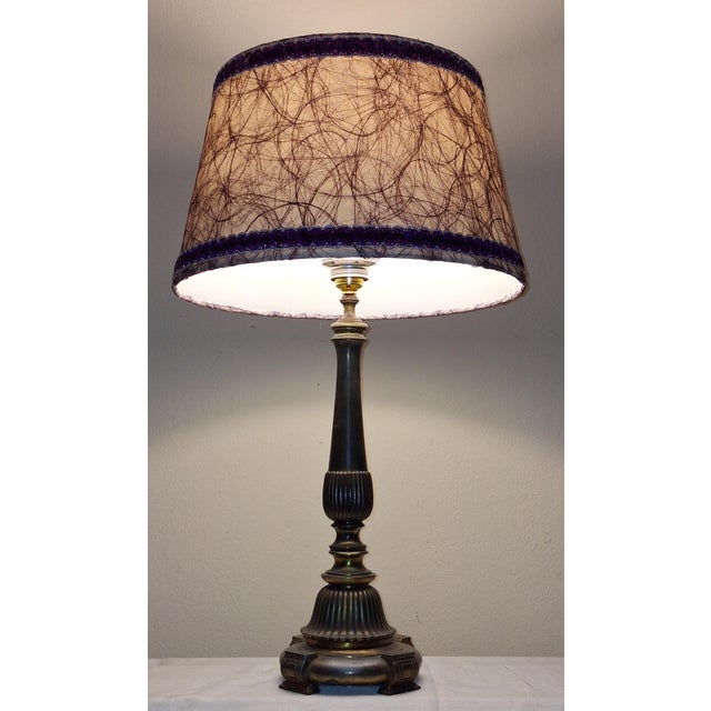 1950s Mid-Century Modern German Table Lamp with Patinated Metal Base and Handmade Fabric Shade by Lamplove, 1950s For Sale - Image 5 of 8