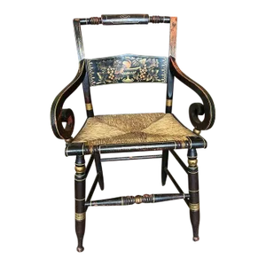 19th Century Antique American Sheraton Style Hand-Painted Rush Seat Armchair