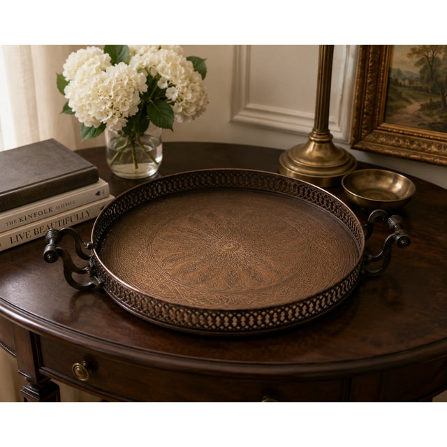 Traditional Original Regency Verdigris Brass Two-Tier Butler’s Tray – Theodore Alexander India by Sita Nanda For Sale - Image 3 of 16