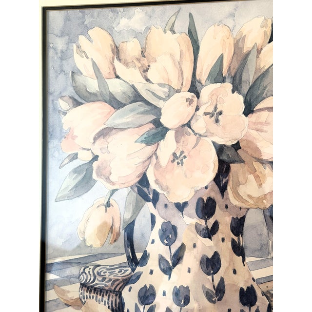 Vintage Jerianne Van Dijk Oversized Framed Floral Lithograph – Pink Tulips in Delft Pitcher For Sale - Image 4 of 16