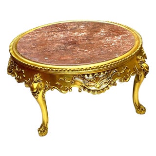 French-Style Round Coffee Table – Large Marble Top With Ornate Gold Leaf Frame & Carved Details For Sale