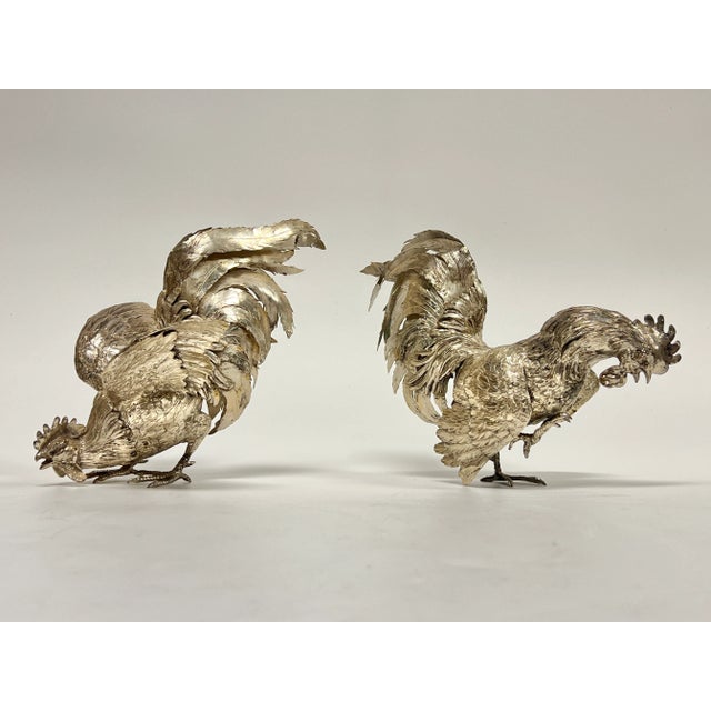 Pair Antique Silver Cockerel Rooster Figurines / Sculptures For Sale - Image 4 of 18