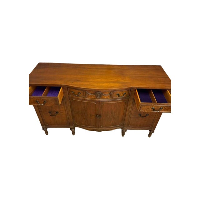 Wood Vintage c.1950's Drexel Flame Mahogany Serpentine Breakfront Buffet Credenza (D. 821-11 Wal) For Sale - Image 7 of 12
