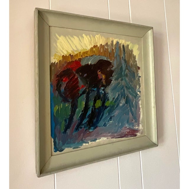 This Vintage Boho Abstract Expressionist Signed Original Oil on Canvas from 1963 is a stunning example of mid-century...