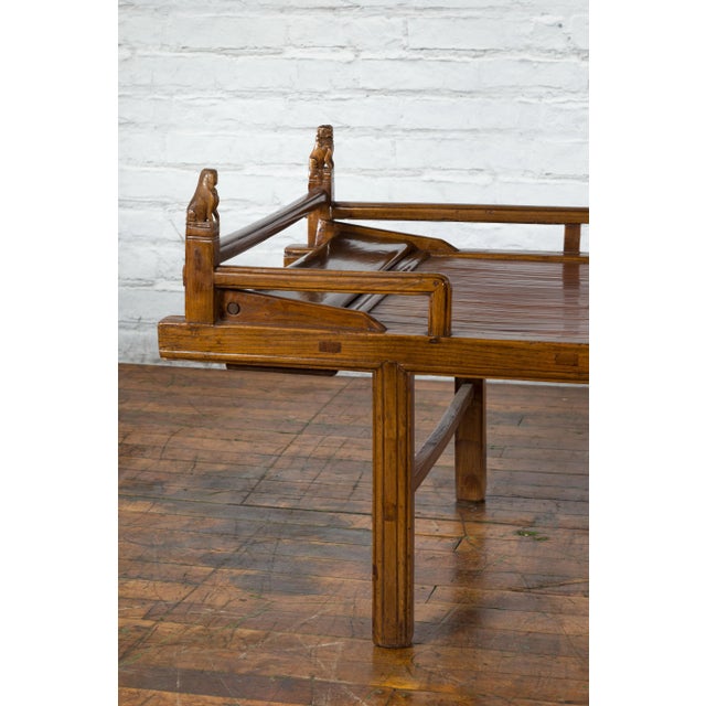 19th Century Chinese Qing Dynasty Elm & Bamboo Seat Daybed with Guardian Lions For Sale - Image 11 of 13