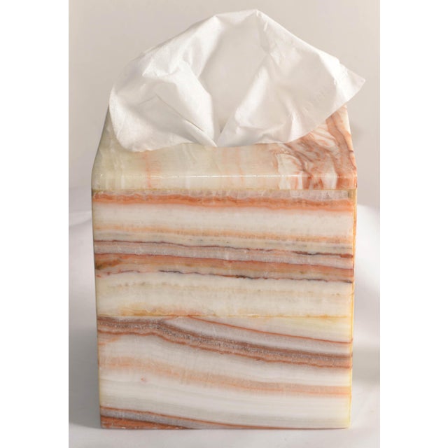 Mid-Century Modern handmade Onyx Gemstone Tissue Box Cover in brown, milky white and tan colors. Elegant Luxury bath...