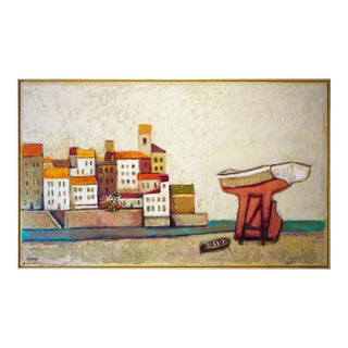 20th Century Warm-Toned Abstract Modern Village by the Ocean With Boats Landscape by David Adickes For Sale