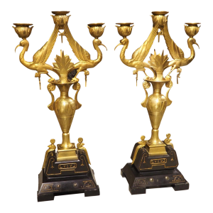 Antique French Bronze and Marble Egyptian Revival Ibis Candelabras, 19th Century