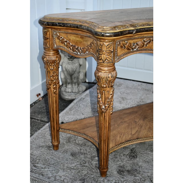 Tuscan Vintage Ornate Carved & Inlaid Tuscan Style Marble Trimmed Console Table W/Shelf For Sale - Image 3 of 12
