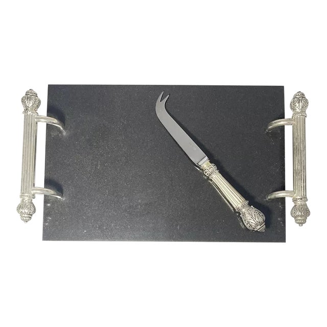 2000s Godinger “Plume” Silverplate & Black Marble Cheese Board & Knife For Sale