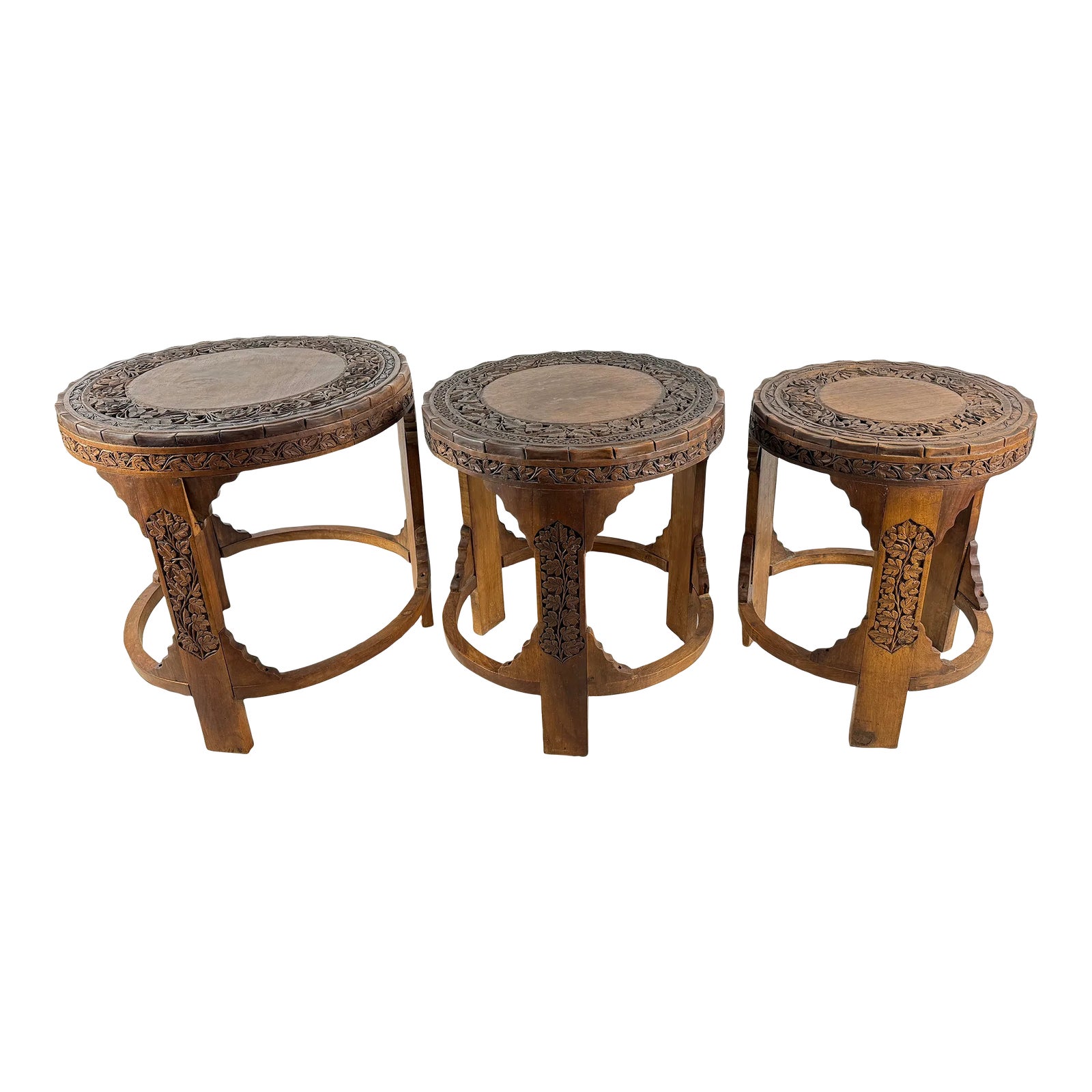 Mid 20th Century Hand Carved Wood Nesting Rounds With Floral Design ...