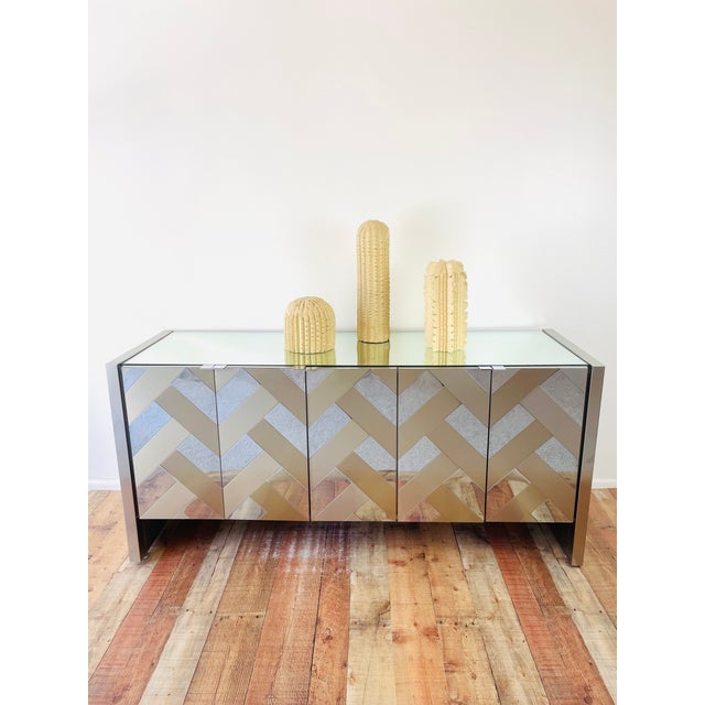 Vintage 1970s Ello Credenza Cabinet sleek mid century modern design 5 doors, 2 are bi-fold mirrored top brushed metal at...