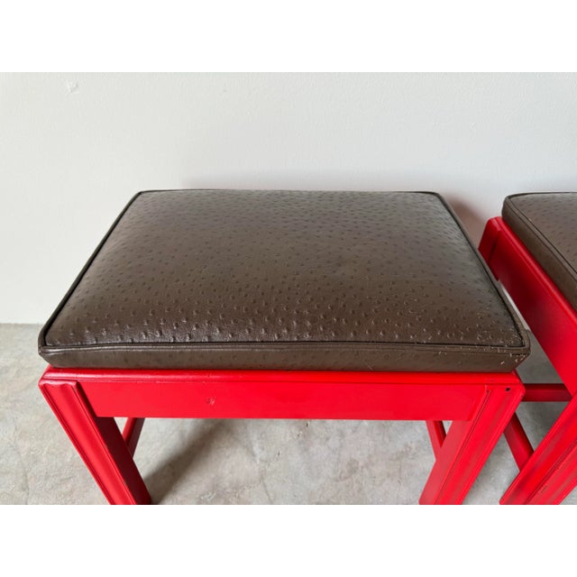 1970's Mid-Century Red Lacquered Mahogany Wood With Brown Leather Seats Ottomans - a Pair For Sale - Image 4 of 12
