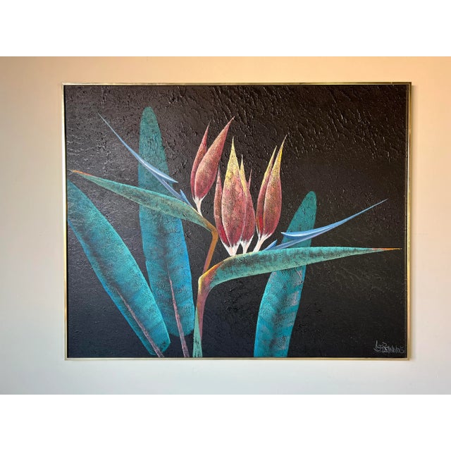 Large 1980's Lee Reynols Bird of Paradise Flowers Oil on Canvas Painting, Framed/ Sold For Sale - Image 13 of 13