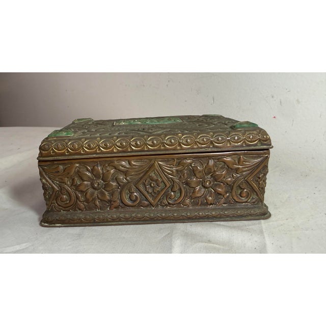Antique 19th Century Hand Tooled Copper Carved Jade Stone Wood Cigarette Box For Sale - Image 9 of 13