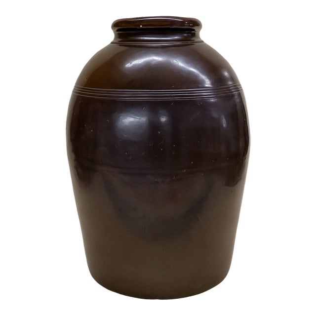Antique Peoria Pottery Stoneware Jar — 19th C Brown Glaze, 15″ Tall For Sale