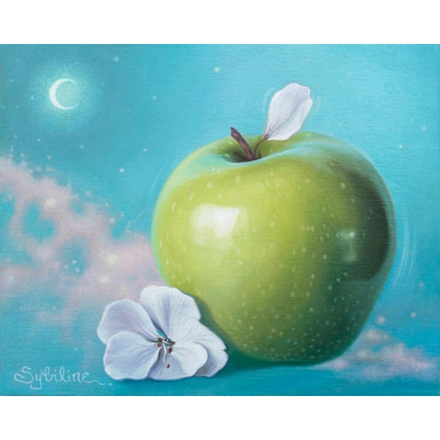 Granny by Sybiline | Oil on panel Still life of a green apple and white flowers For Sale
