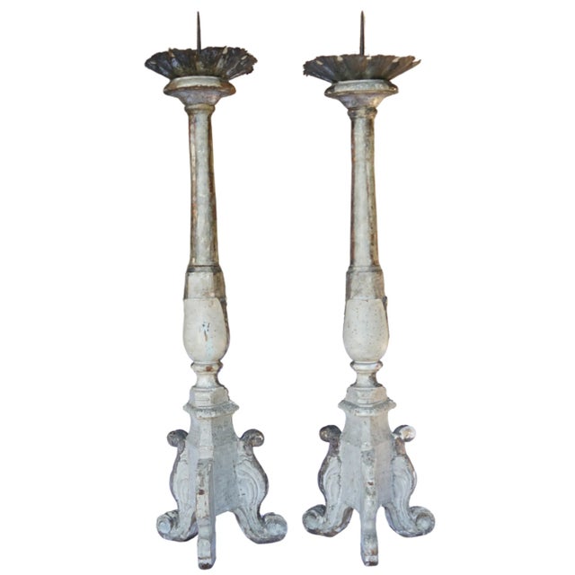 56” Tall Rare Pair of 18th-Century Italian Silvered & Giltwood Ecclesiastical Altar Prickets For Sale - Image 11 of 18