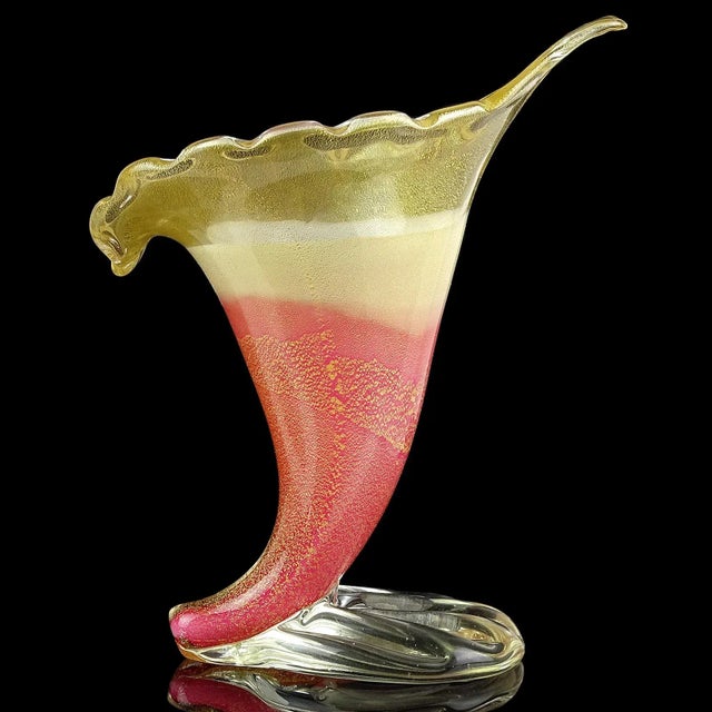 Gorgeous vintage Murano hand blown pink, white and gold flecks Italian art glass flower vase. Documented to designer Dino...