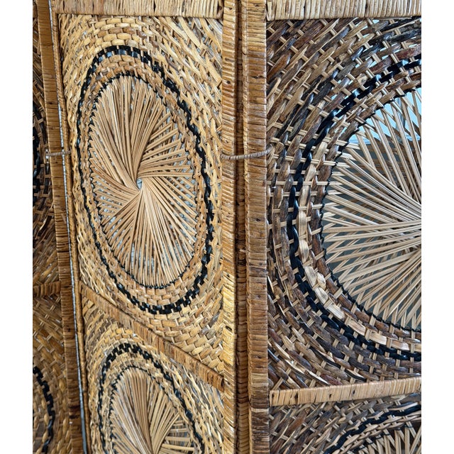 Late 20th Century Vintage Rattan Folding Screen With Sunburst Motifs For Sale - Image 5 of 6