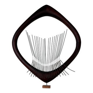 1970s Mid-Century Modern Barbara Hepworth-Style Wood & Metal Abstract Sculpture on Marble Base For Sale