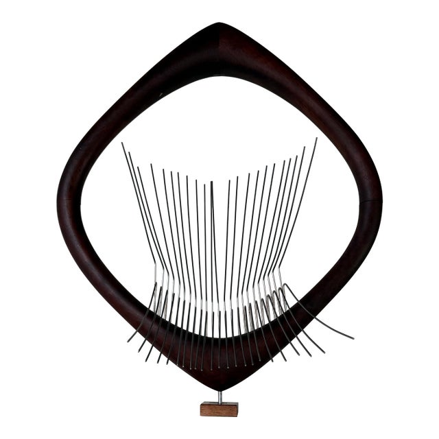 1970s Mid-Century Modern Barbara Hepworth-Style Wood & Metal Abstract Sculpture on Marble Base For Sale
