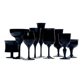 Mid-Century Modern Black Glass Stemware Curation - Group of 9 For Sale