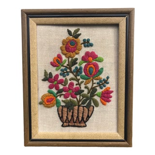 Jewel Toned Crewel Flower Textile Art For Sale