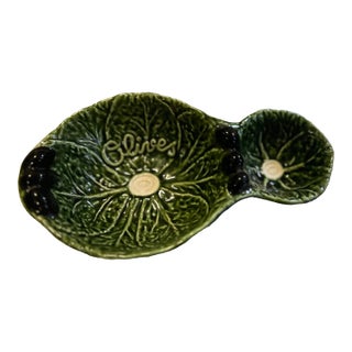 Vintage Portuguese Ceramic Green Olive Dish For Sale