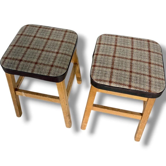 Wood Mid-Century Stools in Oak with Tweed Upholstered Seats, Set of 2 For Sale - Image 7 of 9