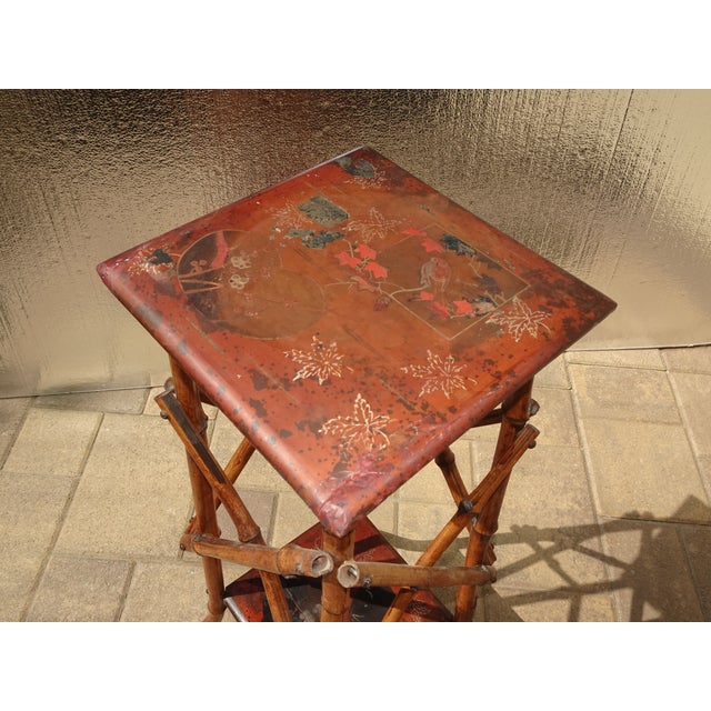Vintage Chinese Asian Bamboo Side Table Plant Stand Red Chinoiserie Top For Sale - Image 9 of 15