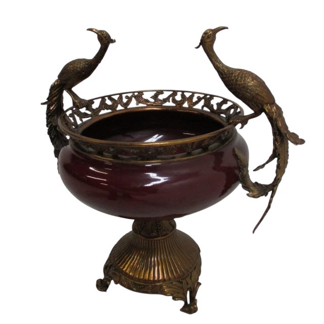 1980s Satsuma House Bronze Ceramic Peacock Fruit Bowl Urn Display Center Piece For Sale - Image 12 of 13