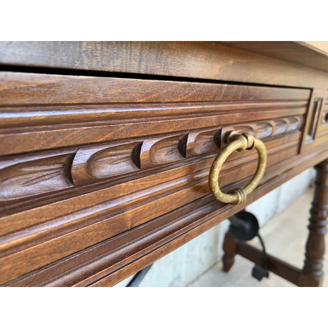 Catalan Spanish Lady Desk or Console Tablein Carved Walnut and Iron Stretcher For Sale - Image 12 of 13