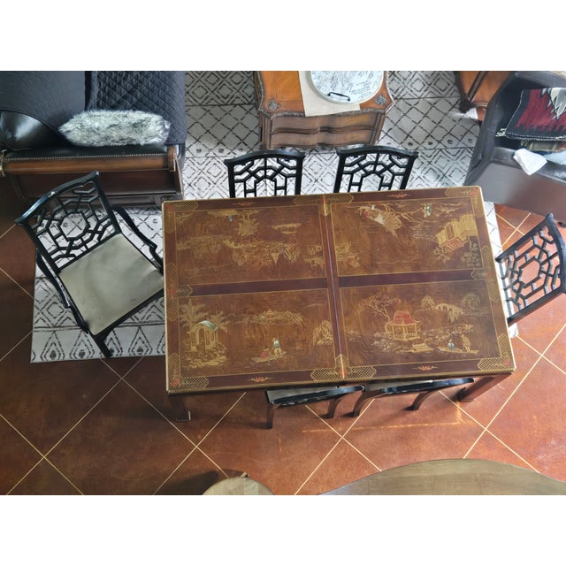 1960s 1960s Mahogany Henredon Chinoserie Dining Room Table and Chairs. Hand Painted Scenes on Each Section Including Leaves - Set of 9 For Sale - Image 5 of 9