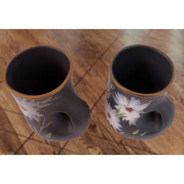 Mid-Century Vallauris Black White Floral Blossoms Terracotta Mugs- A Pair For Sale - Image 16 of 18