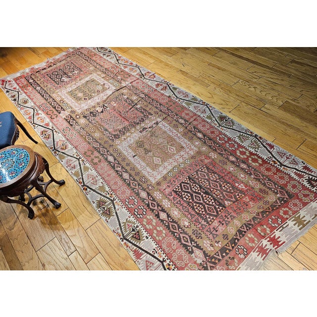 Early 20th Century Vintage Anatolian Turkish Kilim Gallery Rug, Flat-Woven Geometric Pattern, Brick Red & Ivory, 6x14 For Sale - Image 5 of 15