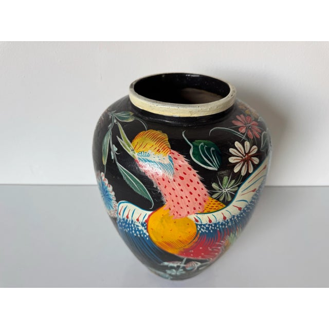 1980’s Vintage Tropical - Folk Art Hand-Painted Terracotta Vase – Unsigned For Sale - Image 4 of 12