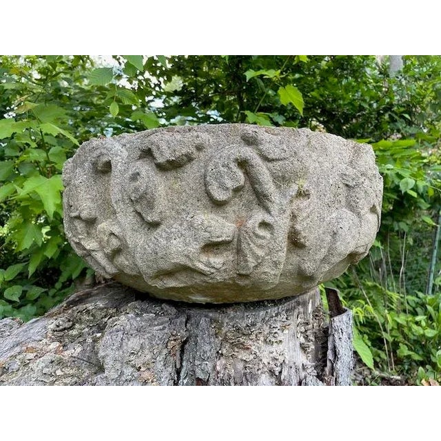 Gothic Large Antique Stone Planter With Medieval Hunting Scene For Sale - Image 3 of 13