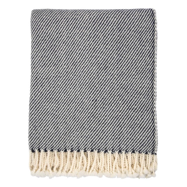 Textile Bellani Blue Diagonals Merino Wool Throw Blanket with Fringe Trim For Sale - Image 7 of 7