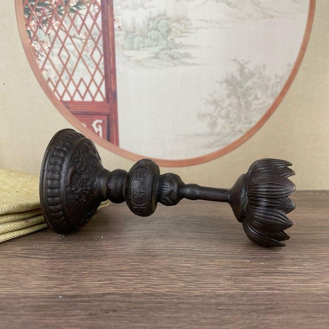 Metal Pair of Bronze Lotus Candlesticks – 5.9" Buddhist Altar Candle Holders With Dragon Base For Sale - Image 7 of 11