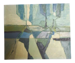 1970s Modern Blue Green Abstract Oil Painting California Art